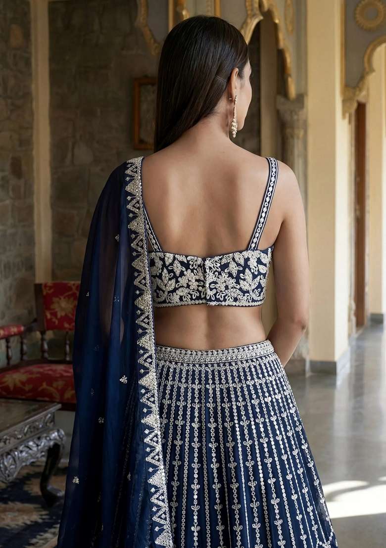 Blue Georgette Lehenga Set with Embroidery for Diwali | Wedding & Festive Wear - Indya
