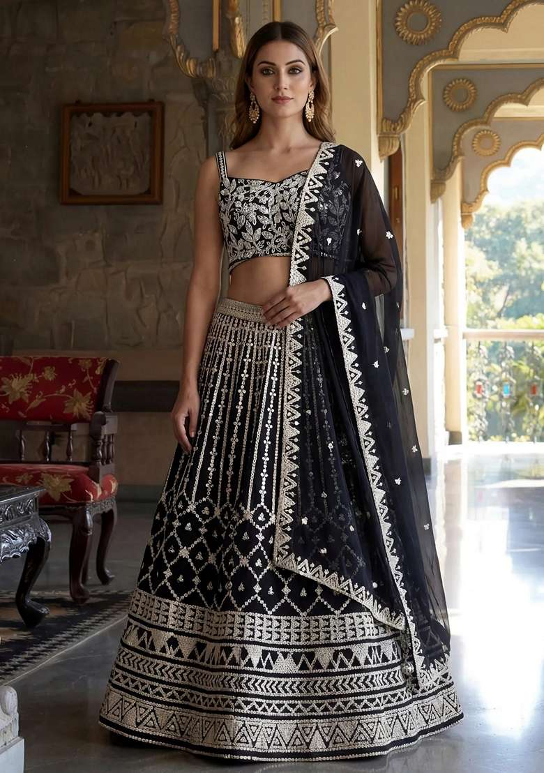 Black Embroidery Georgette Lehenga Set for Diwali and Festive Wear - Indya