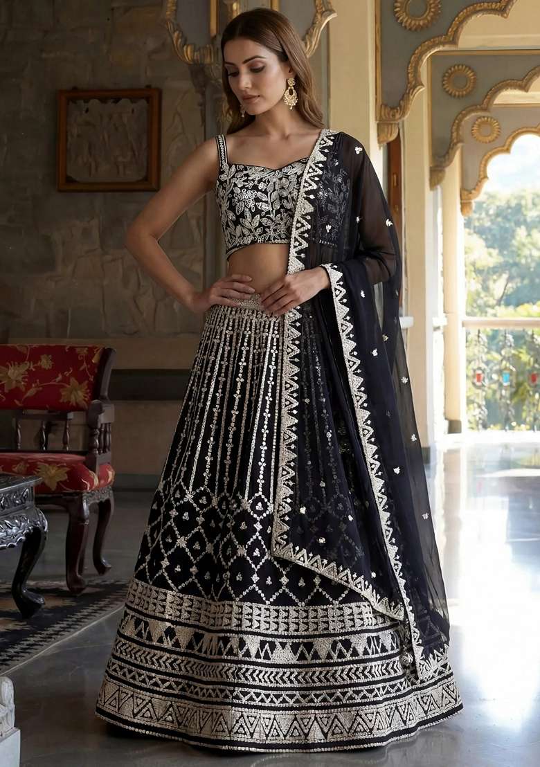 Black Embroidery Georgette Lehenga Set for Diwali and Festive Wear - Indya