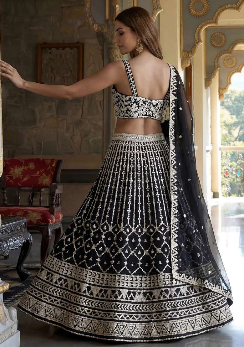 Black Embroidery Georgette Lehenga Set for Diwali and Festive Wear - Indya