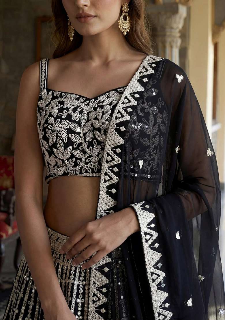 Black Embroidery Georgette Lehenga Set for Diwali and Festive Wear - Indya