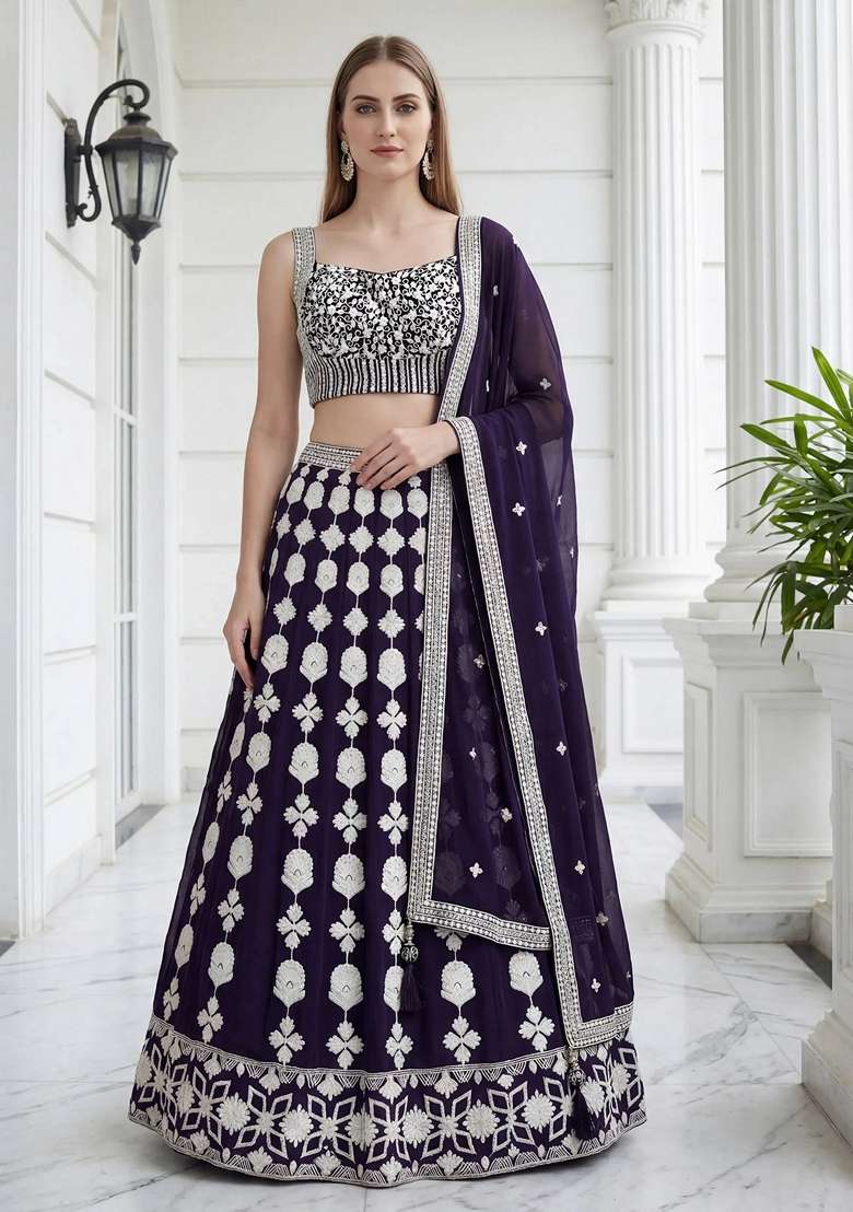Purple Georgette Lehenga Set with Embroidery for Diwali | Wedding & Festive Wear - Indya