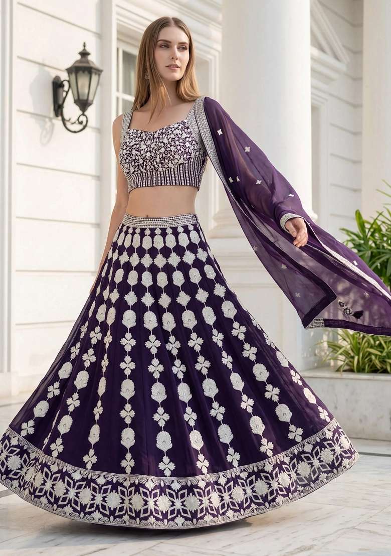 Purple Georgette Lehenga Set with Embroidery for Diwali | Wedding & Festive Wear - Indya
