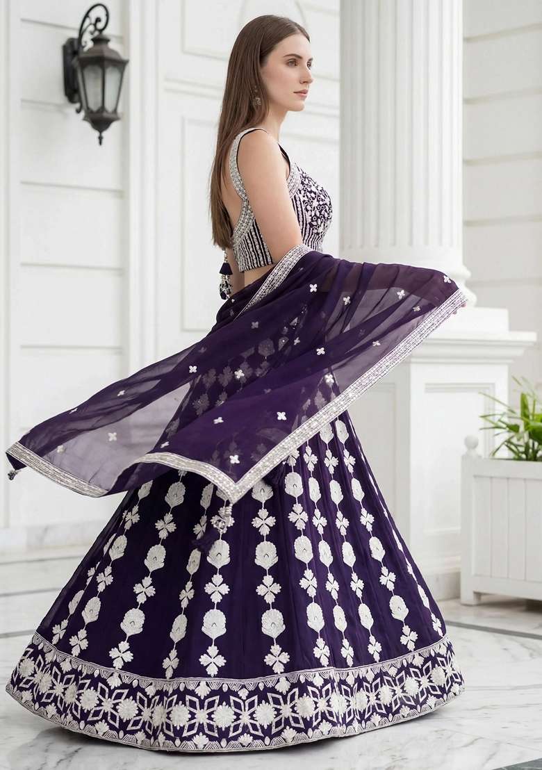 Purple Georgette Lehenga Set with Embroidery for Diwali | Wedding & Festive Wear - Indya