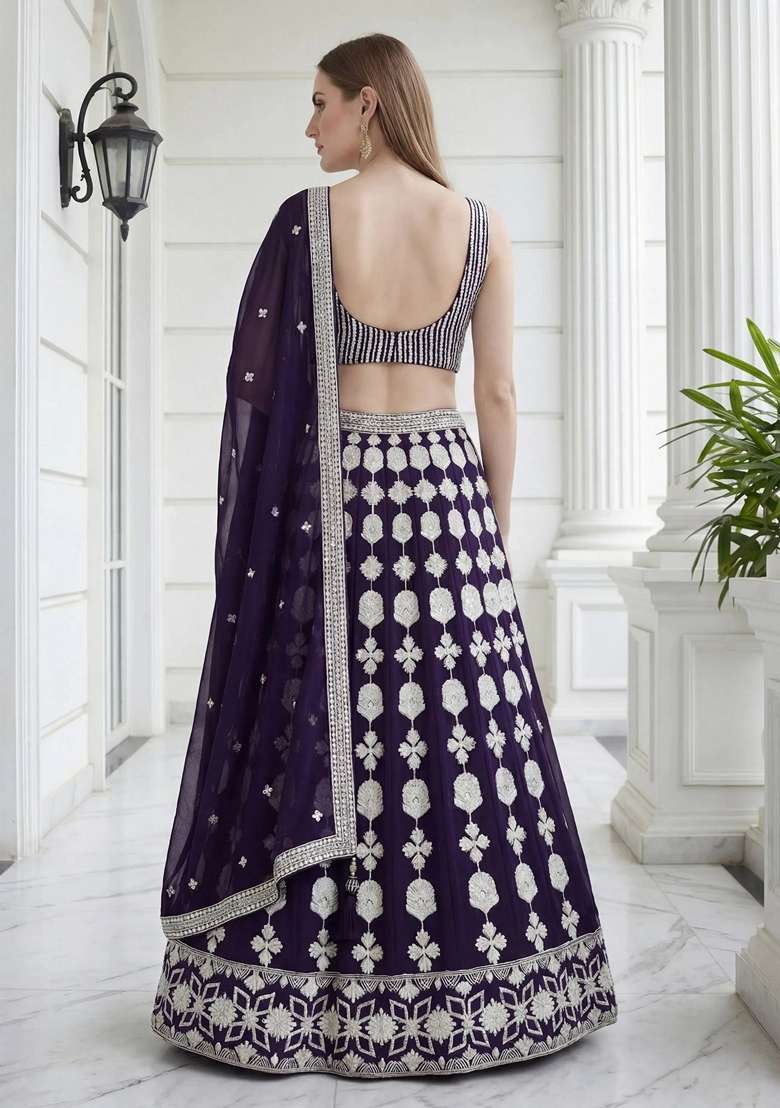 Purple Georgette Lehenga Set with Embroidery for Diwali | Wedding & Festive Wear - Indya