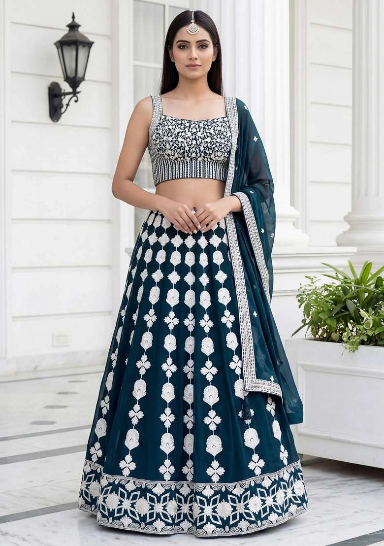 Green Georgette Lehenga Set with Embroidery for Diwali | Wedding & Festive Wear - Indya