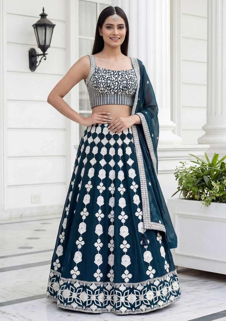 Green Georgette Lehenga Set with Embroidery for Diwali | Wedding & Festive Wear - Indya