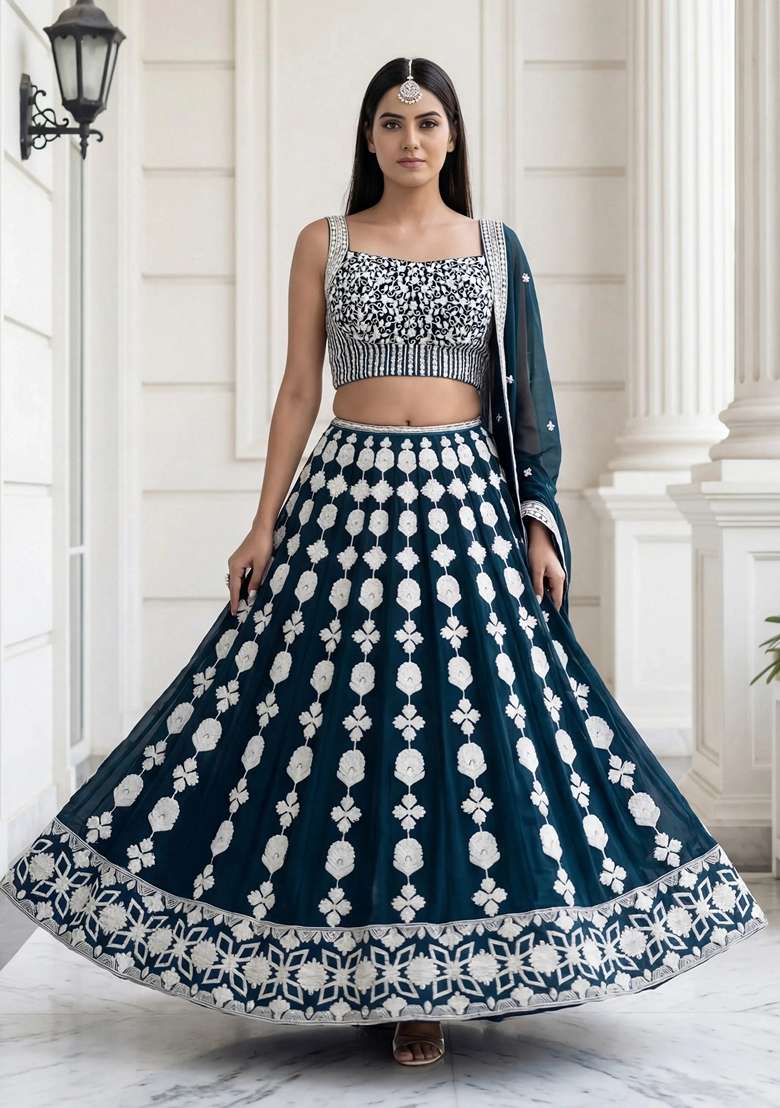 Green Georgette Lehenga Set with Embroidery for Diwali | Wedding & Festive Wear - Indya