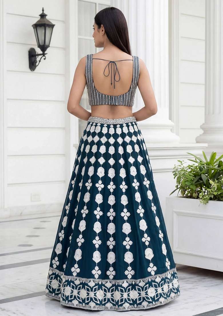 Green Georgette Lehenga Set with Embroidery for Diwali | Wedding & Festive Wear - Indya