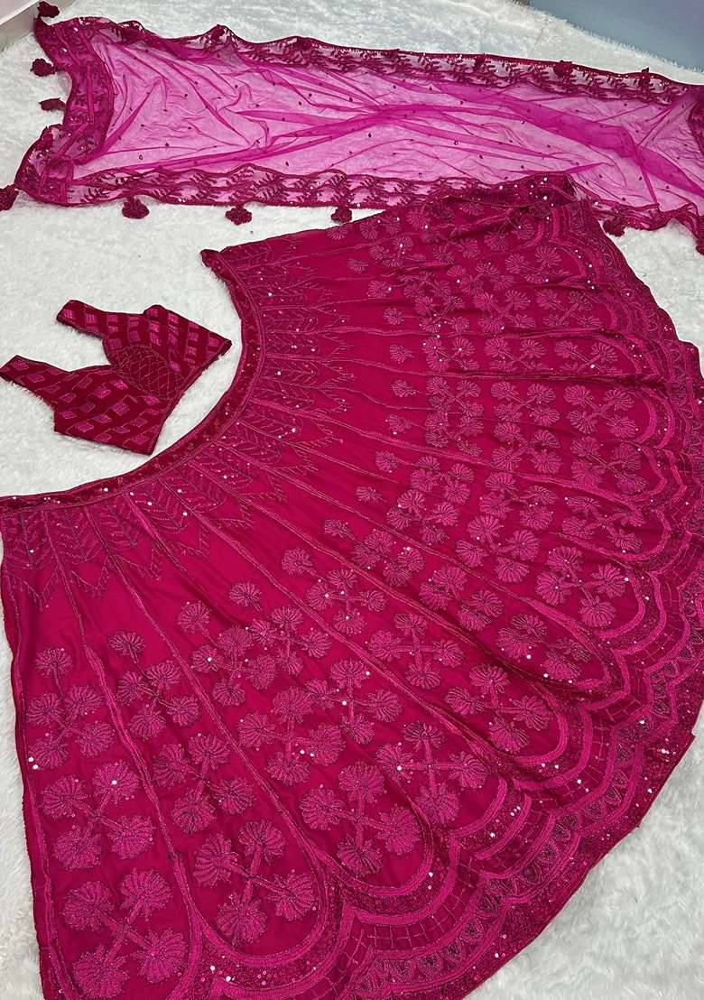Pink Embroidery Silk Blend Lehenga Set for Diwali and Festive Wear - Indya