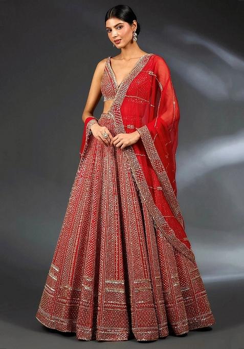 Red Embroidery Satin Lehenga Set