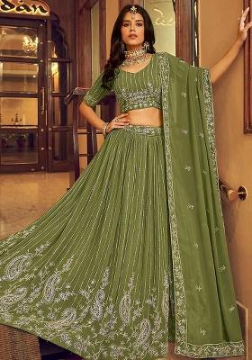 Green Embroidery Georgette Lehenga Set