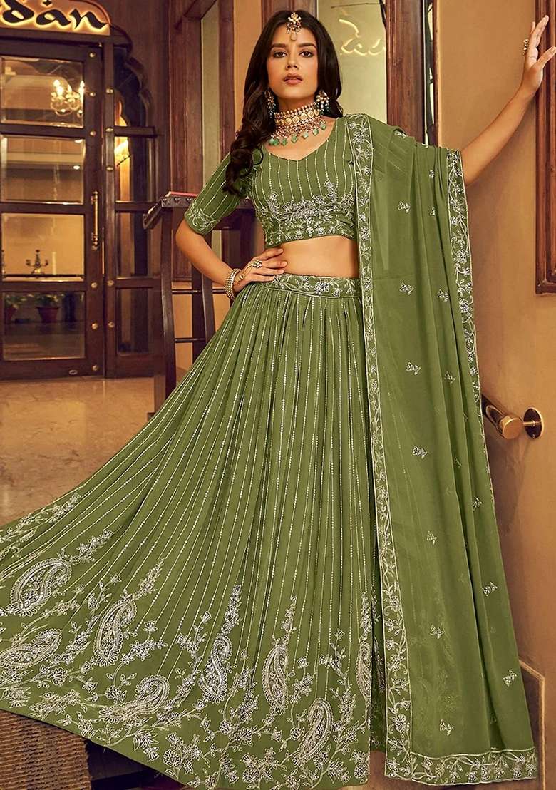 Green Embroidery Georgette Lehenga Set for Diwali and Festive Wear - Indya