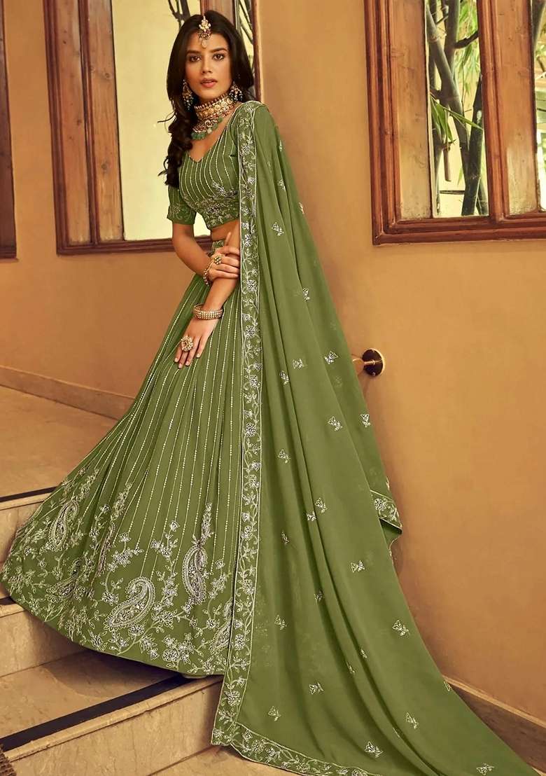 Green Embroidery Georgette Lehenga Set for Diwali and Festive Wear - Indya