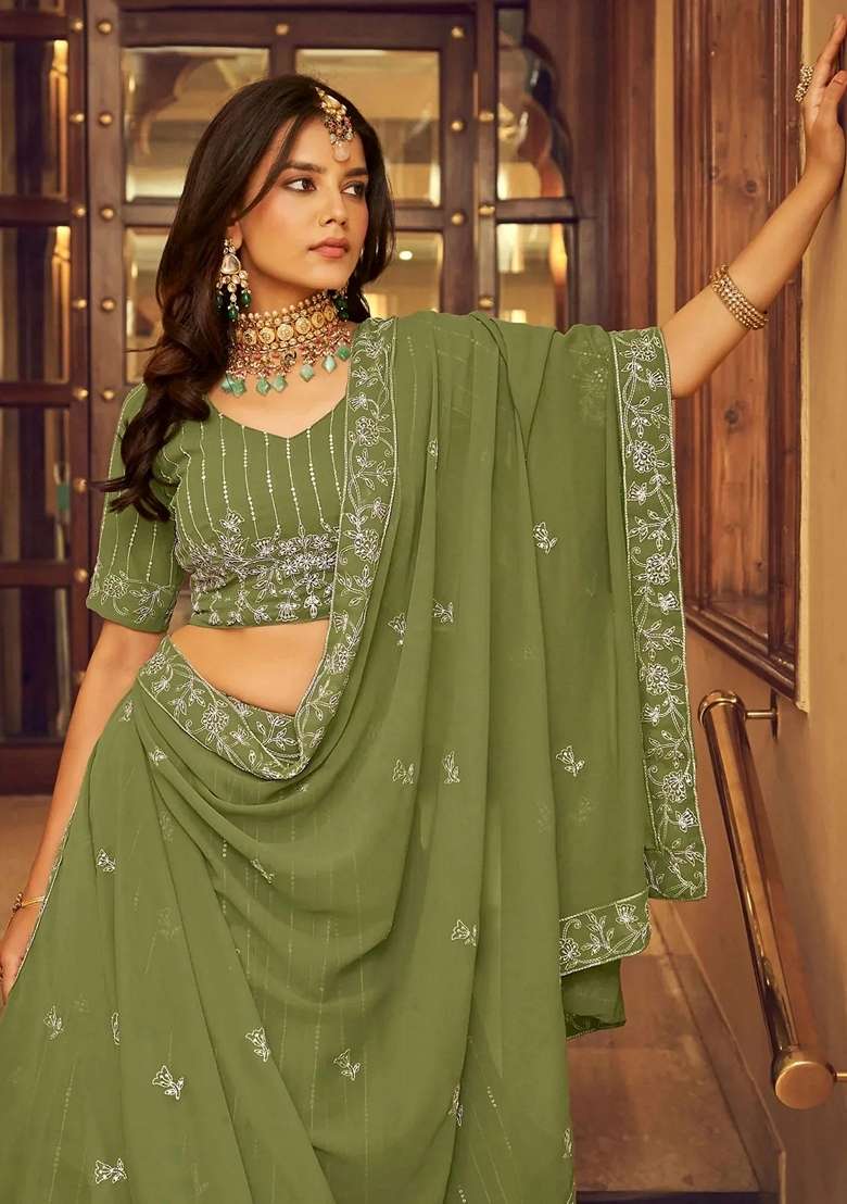 Green Embroidery Georgette Lehenga Set for Diwali and Festive Wear - Indya
