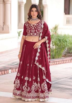 Maroon Embroidery Silk Lehenga Set