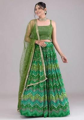 Green Sequins Georgette Lehenga Set