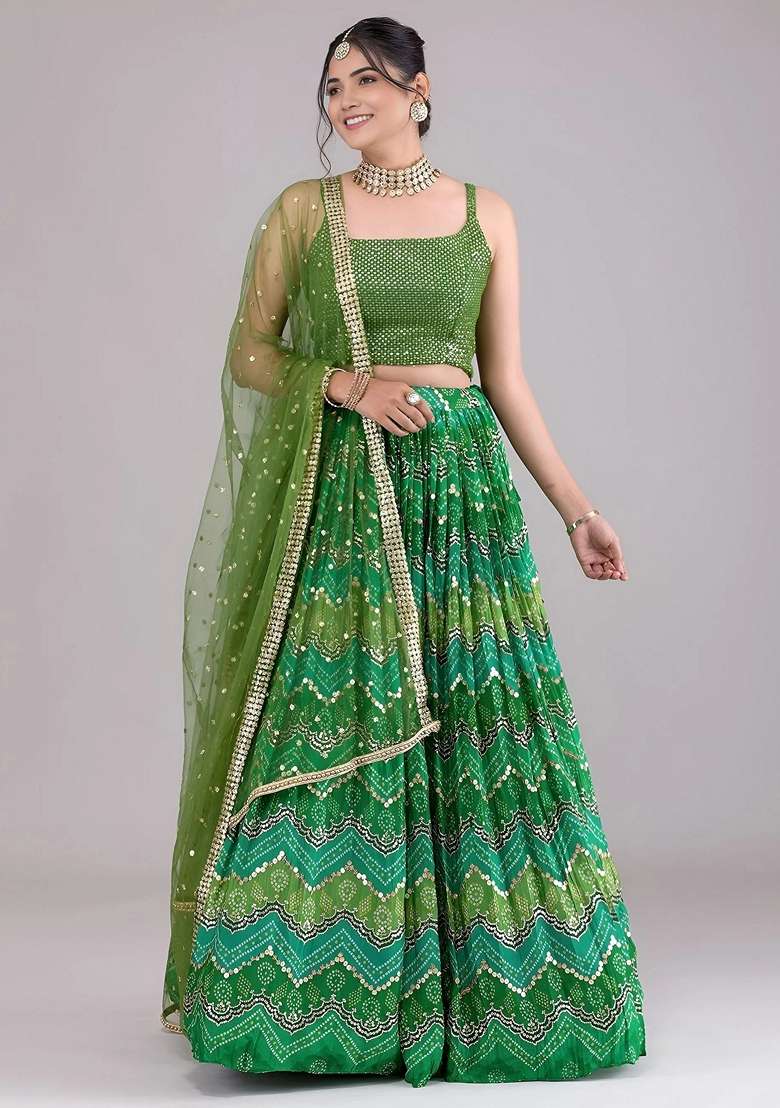 Green Georgette Lehenga Set with Sequins for Diwali | Wedding & Festive Wear - Indya
