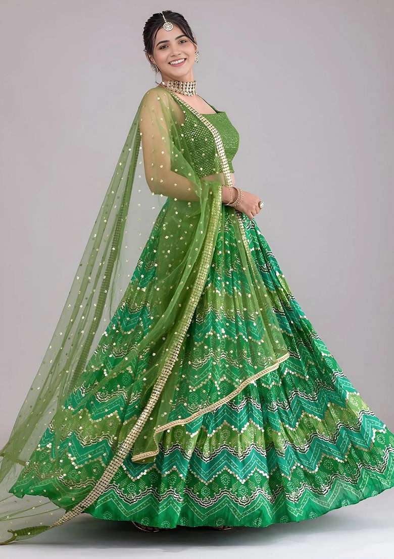 Green Georgette Lehenga Set with Sequins for Diwali | Wedding & Festive Wear - Indya