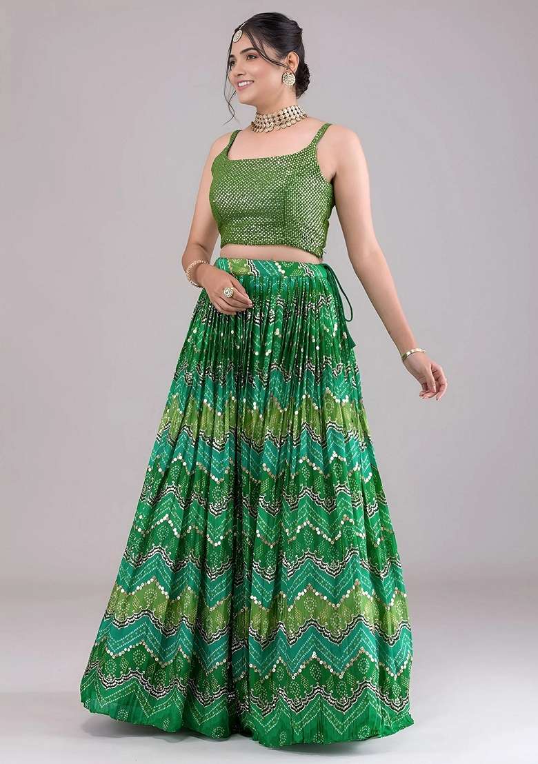 Green Georgette Lehenga Set with Sequins for Diwali | Wedding & Festive Wear - Indya