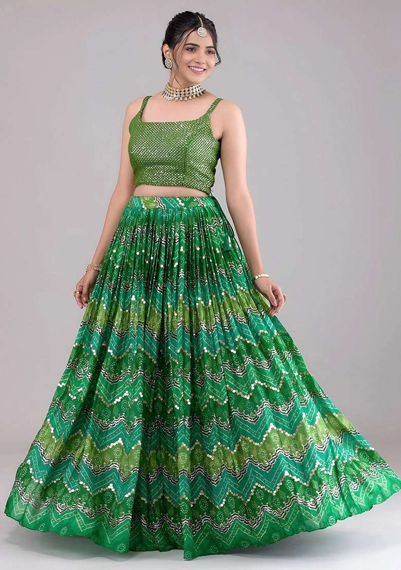 Green Georgette Lehenga Set with Sequins for Diwali | Wedding & Festive Wear - Indya