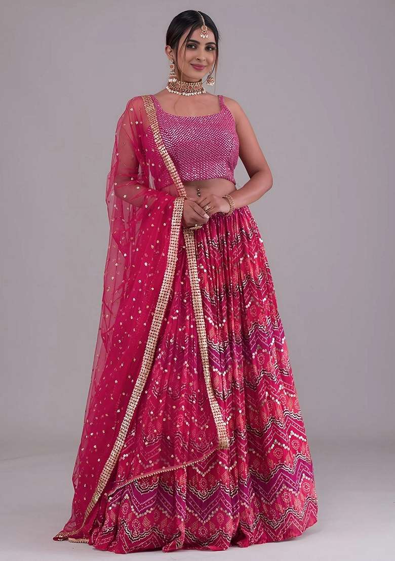 Pink Sequins Georgette Lehenga Set for Diwali and Festive Wear - Indya