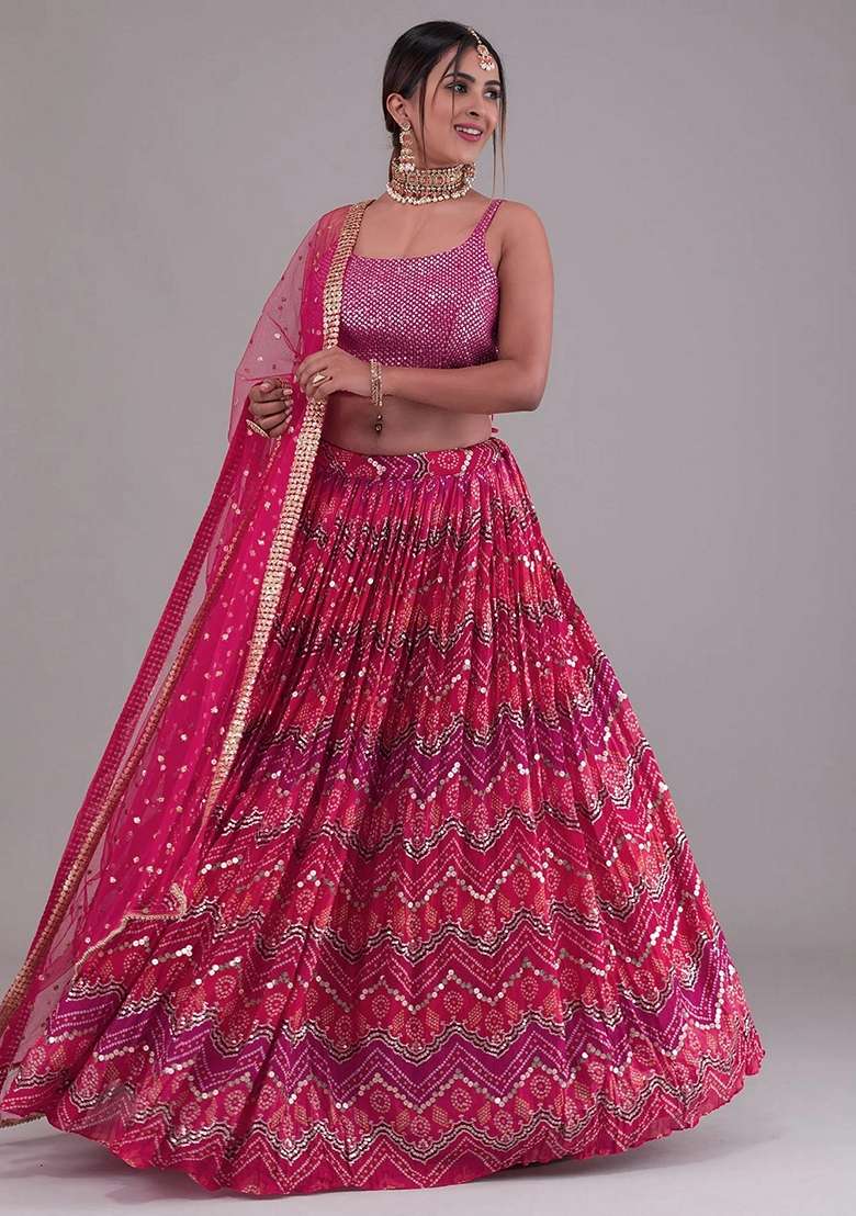 Pink Sequins Georgette Lehenga Set for Diwali and Festive Wear - Indya