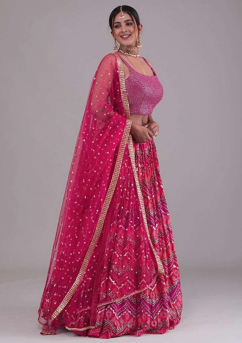 Pink Sequins Georgette Lehenga Set for Diwali and Festive Wear - Indya