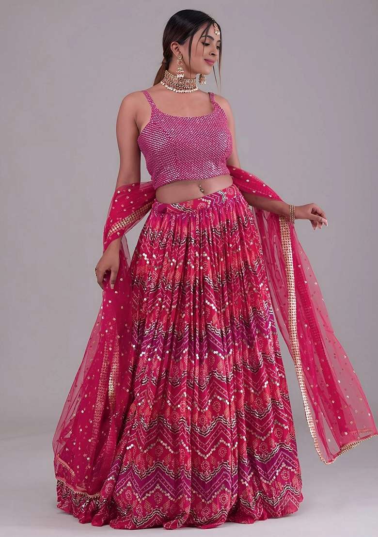 Pink Sequins Georgette Lehenga Set for Diwali and Festive Wear - Indya