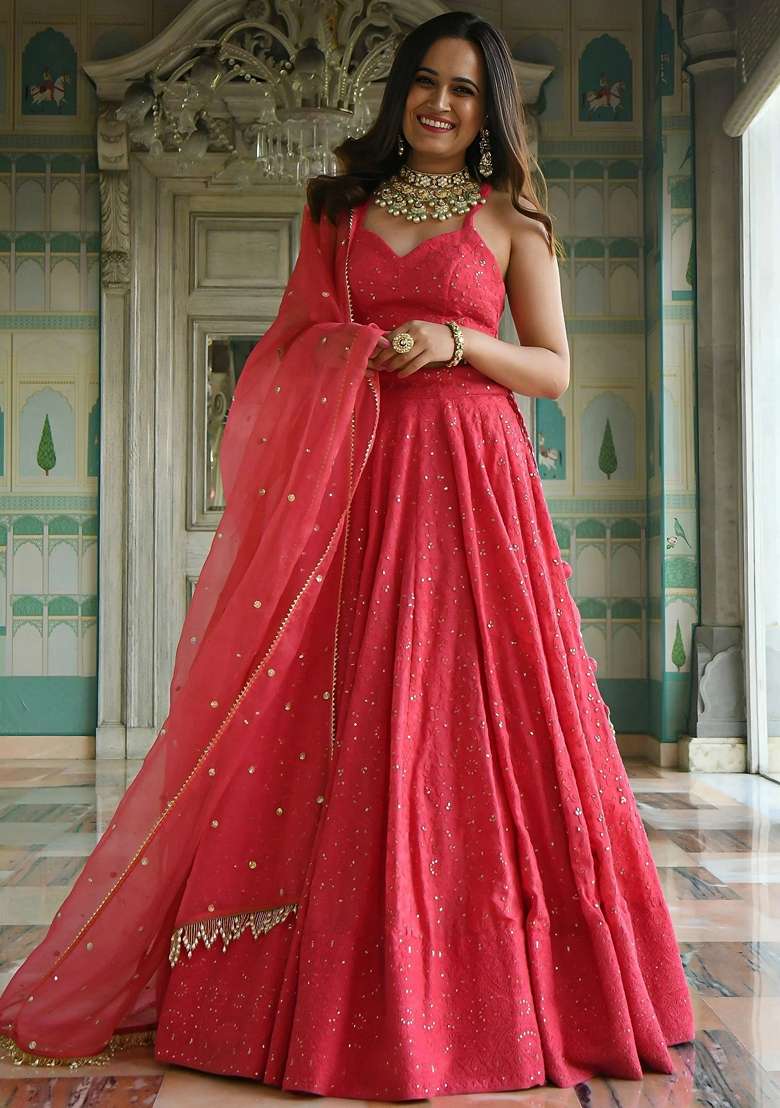 Pink Sequins Georgette Lehenga Set for Diwali and Festive Wear - Indya