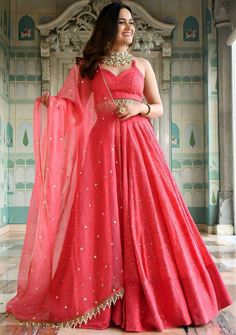 Pink Sequins Georgette Lehenga Set for Diwali and Festive Wear - Indya