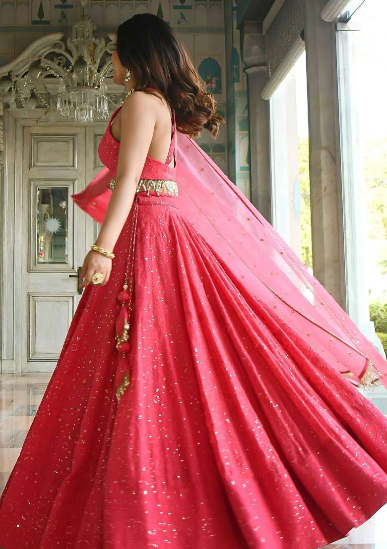 Pink Sequins Georgette Lehenga Set for Diwali and Festive Wear - Indya