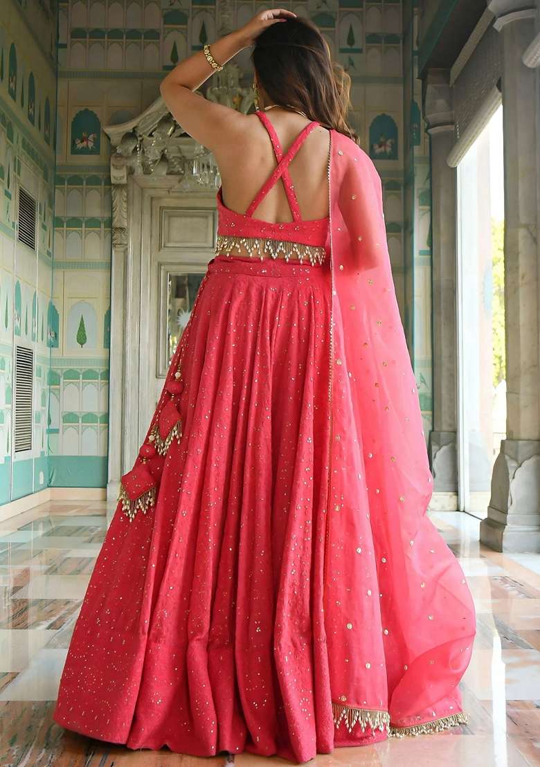 Pink Sequins Georgette Lehenga Set for Diwali and Festive Wear - Indya