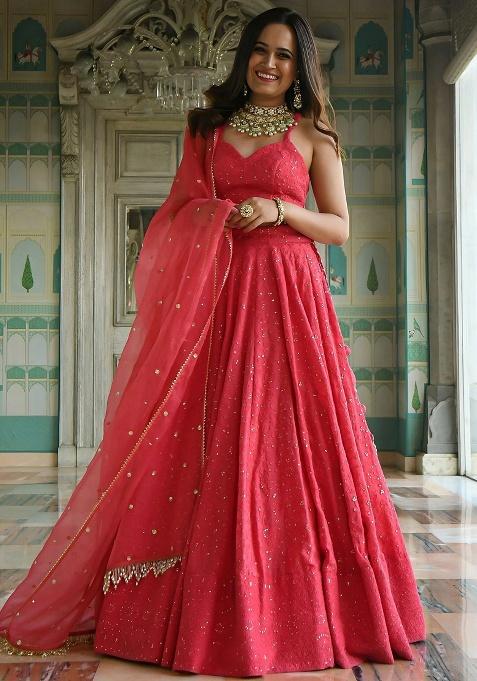 Pink Sequins Georgette Lehenga Set — view on Indya