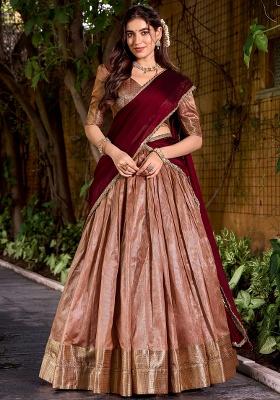 Peach Zari Work Silk Blend Lehenga Set