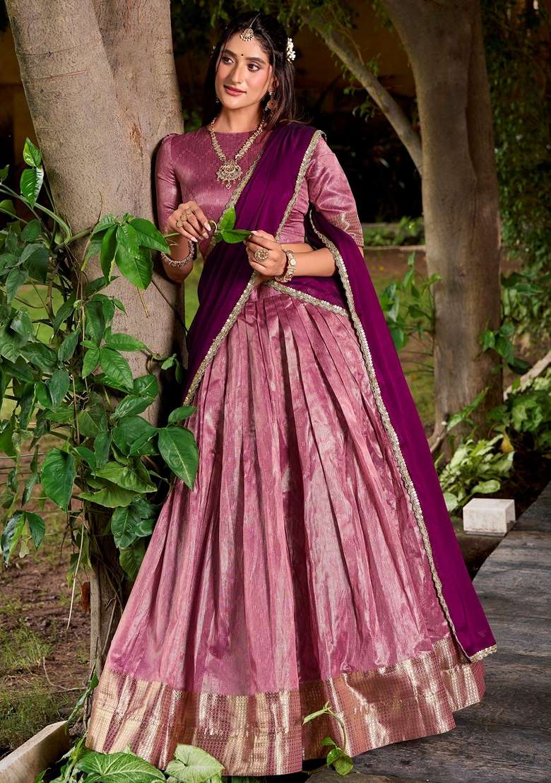 Pink Zari Work Silk Blend Lehenga Set for Diwali and Festive Wear - Indya
