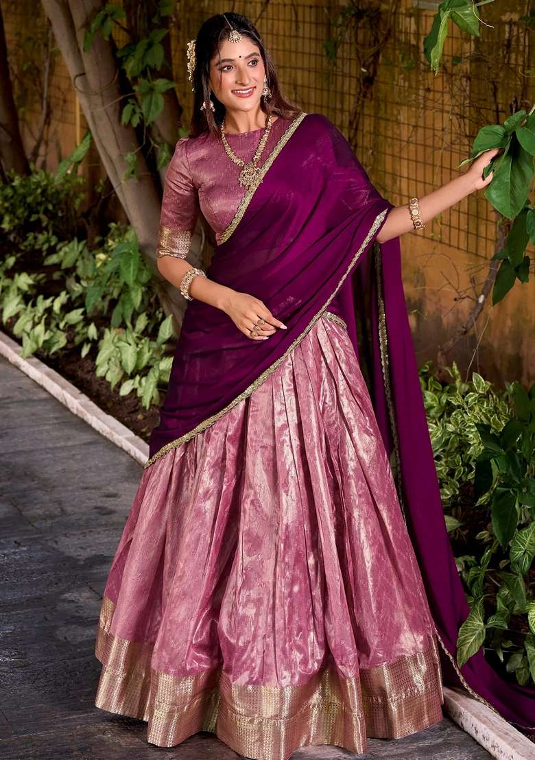 Pink Zari Work Silk Blend Lehenga Set for Diwali and Festive Wear - Indya