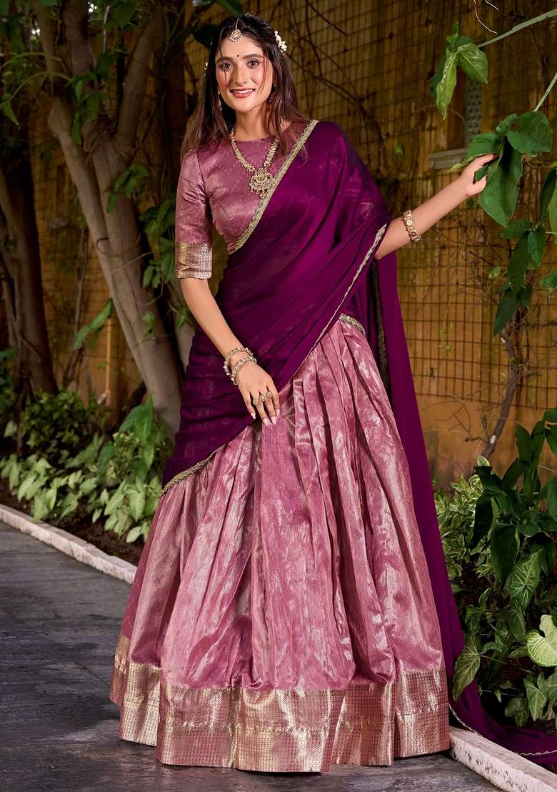 Pink Zari Work Silk Blend Lehenga Set for Diwali and Festive Wear - Indya