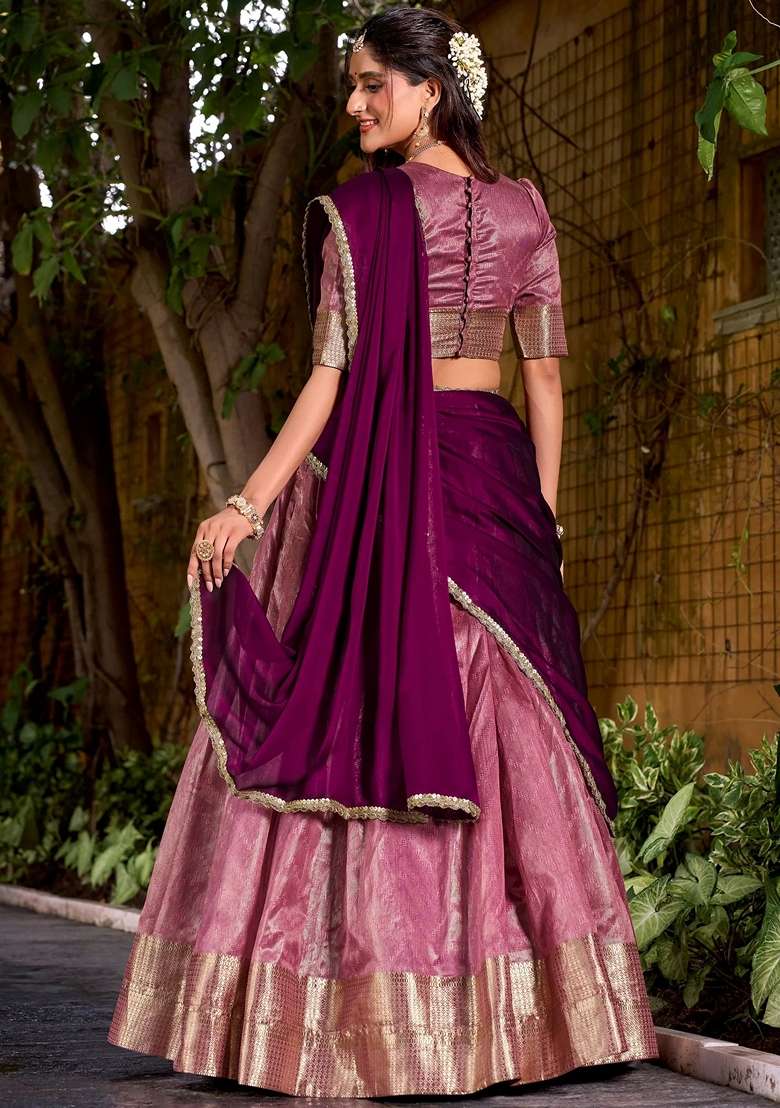 Pink Zari Work Silk Blend Lehenga Set for Diwali and Festive Wear - Indya