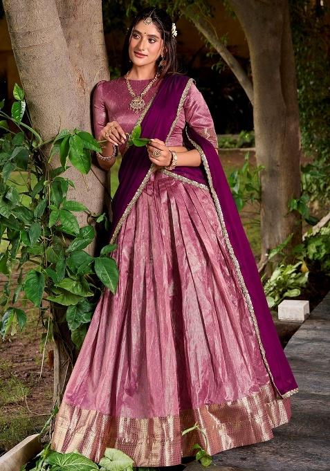 Pink Zari Work Silk Lehenga Set
