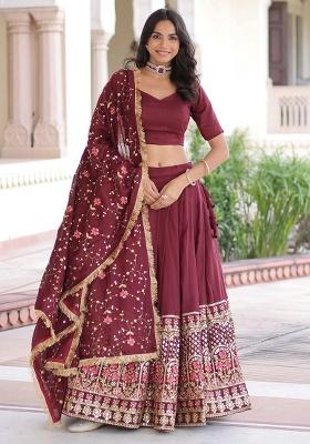Maroon Embroidery Silk Lehenga Set