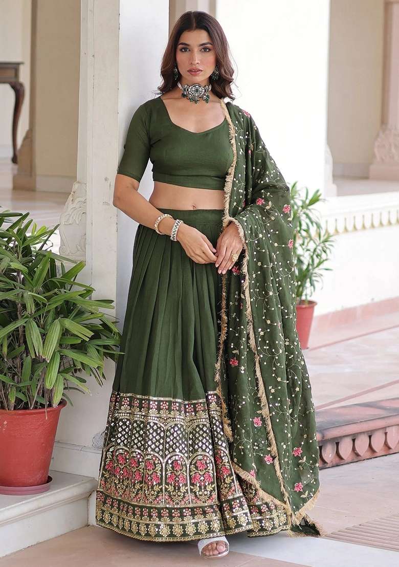 Green Embroidery Silk Blend Lehenga Set - Indya