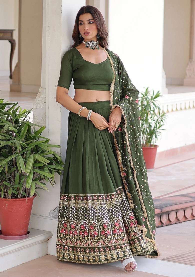 Green Embroidery Silk Blend Lehenga Set - Indya