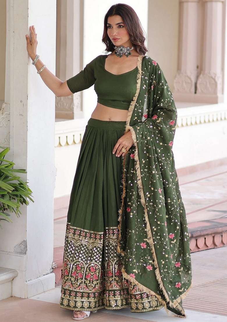 Green Embroidery Silk Blend Lehenga Set - Indya