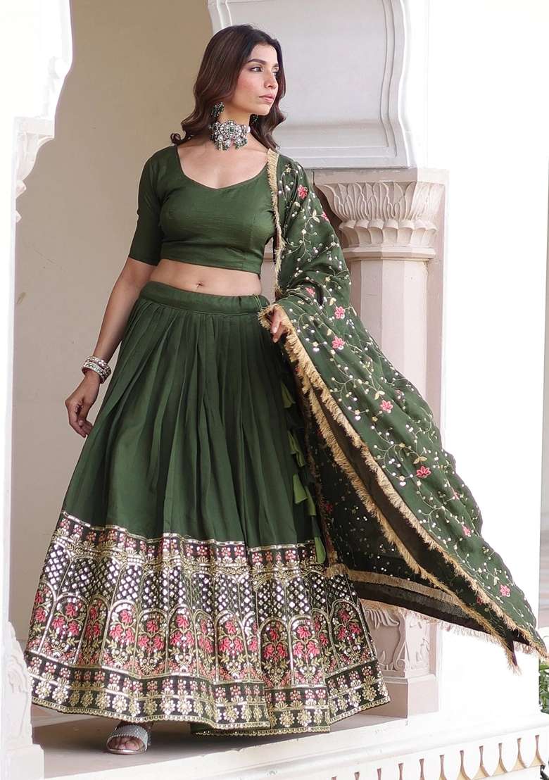 Green Embroidery Silk Blend Lehenga Set - Indya