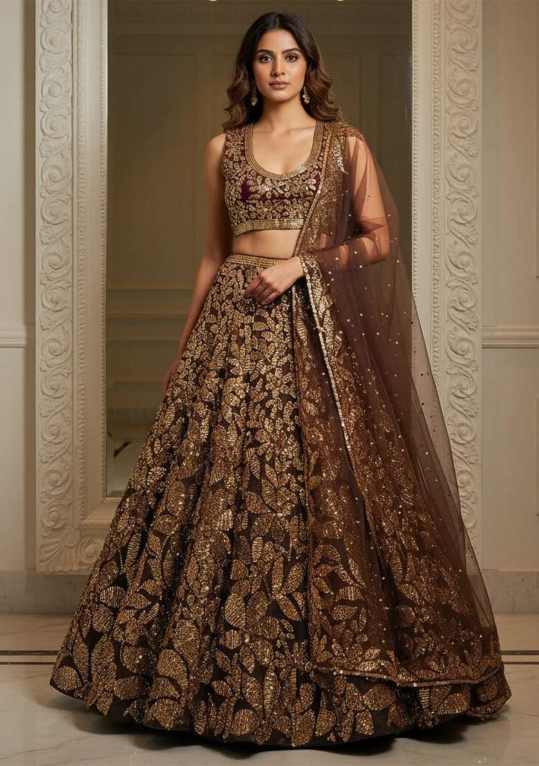 Brown Sequins Net Lehenga Set for Diwali and Festive Wear - Indya