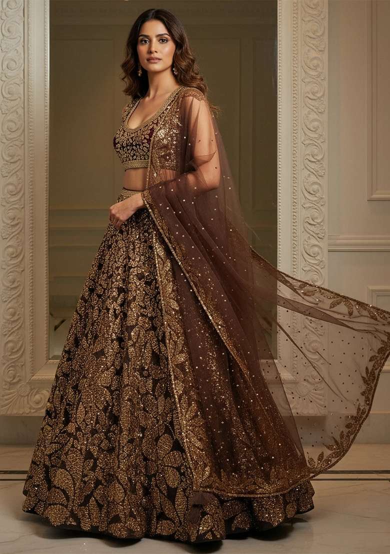 Brown Sequins Net Lehenga Set for Diwali and Festive Wear - Indya