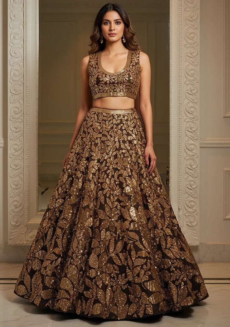 Brown Sequins Net Lehenga Set for Diwali and Festive Wear - Indya