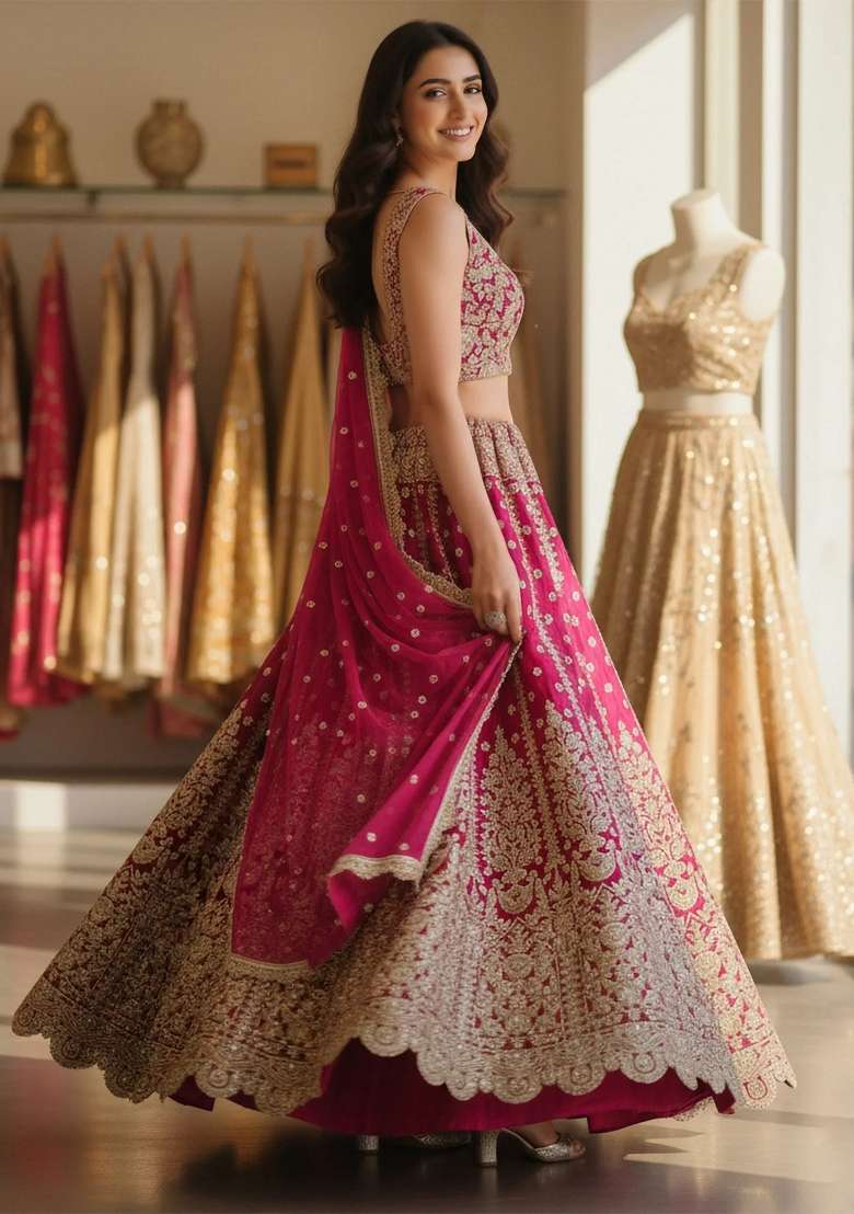 Pink Silk Blend Lehenga Set with Embroidery for Diwali | Wedding & Festive Wear - Indya