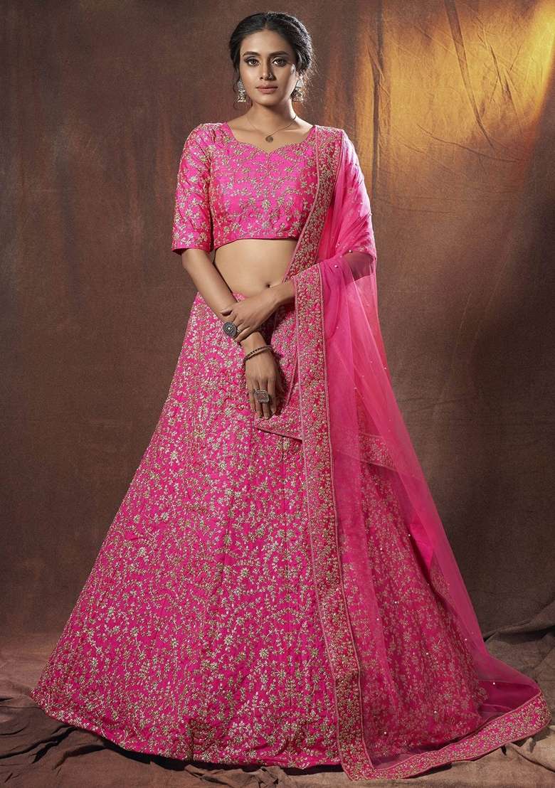 Pink Embroidery Silk Lehenga Set - Indya
